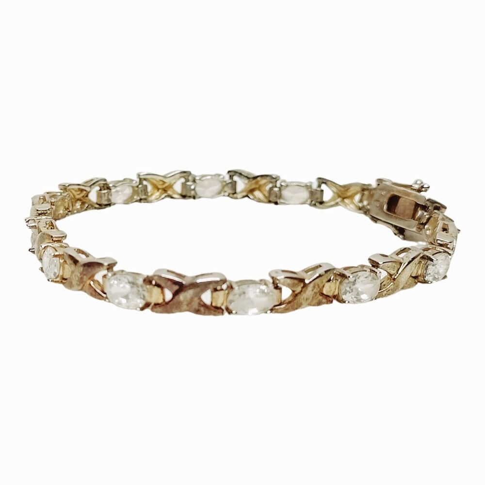 925 GP Sterling Silver Hugs N Kisses‎ XOXO Vtg 7in CZ Womens Tennis Bracelet